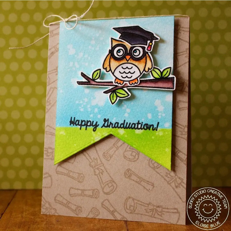 Sunny Studio Owl on Tree Branch Wearing Graduation Cap Grad Card with Kraft Diploma Print (using Woo Hoo 3x4 Clear Stamps)