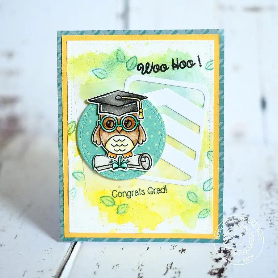 Sunny Studio Congrats Grad Owl wearing Graduation Cap Sitting on Diploma Yellow & Green Card (using Woo Hoo Clear Stamps)