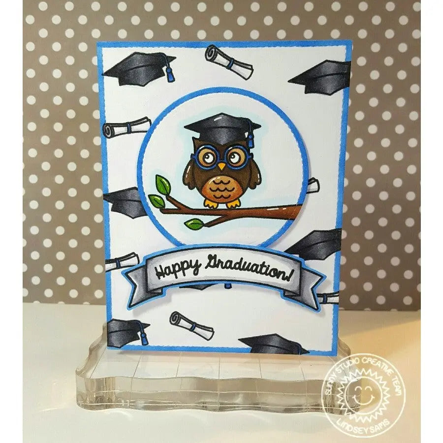 Sunny Studio Owl Wearing Graduation Cap with Diploma Blue, Black & White Card (using Woo Hoo 3x4 Clear Stamps)