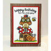 Sunny Studio Owl with Ladybugs, Bumblebee, Snail & Mushroom House Birthday Card from the Whole Gang (using Woo Hoo Clear Stamps)