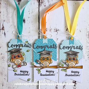 Sunny Studio Congrats Grad Owls Wearing Graduation Cap with Diploma Gift Tags (using Woo Hoo 3x4 Clear Stamps)