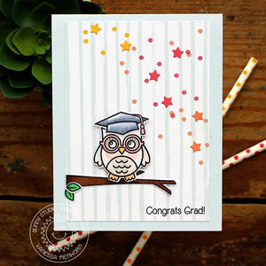 Sunny Studio Congrats Grad Owl Wearing Graduation Cap on Tree Branch with Cascading Stars Card (using Woo Hoo 3x4 Clear Stamps)