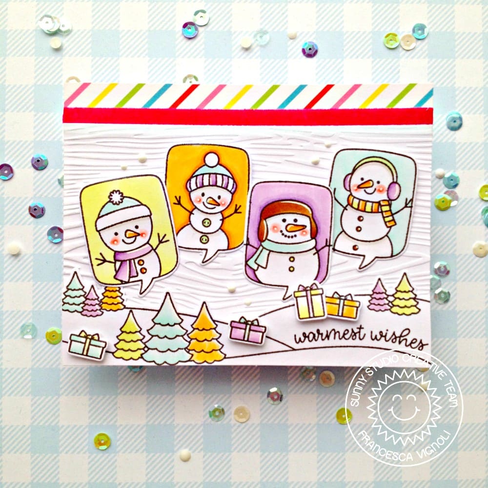 Sunny Studio Stamps Snowmen with Colorful Holiday Christmas Trees Handmade Card by Franci (using Scenic Route Border Stamps)