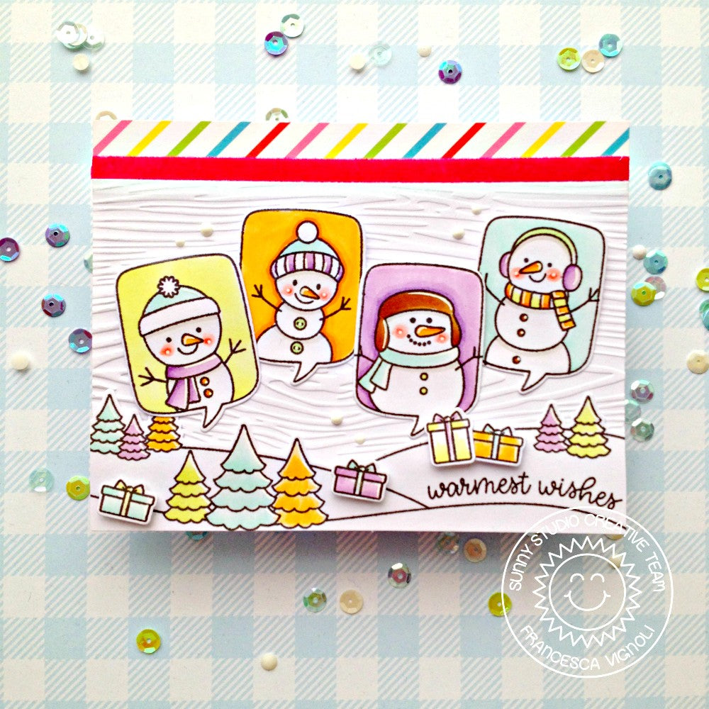 Sunny Studio Stamps Snowmen White Wood Embossed Holiday Christmas Card (using Woodgrain 6x6 Embossing Folder)