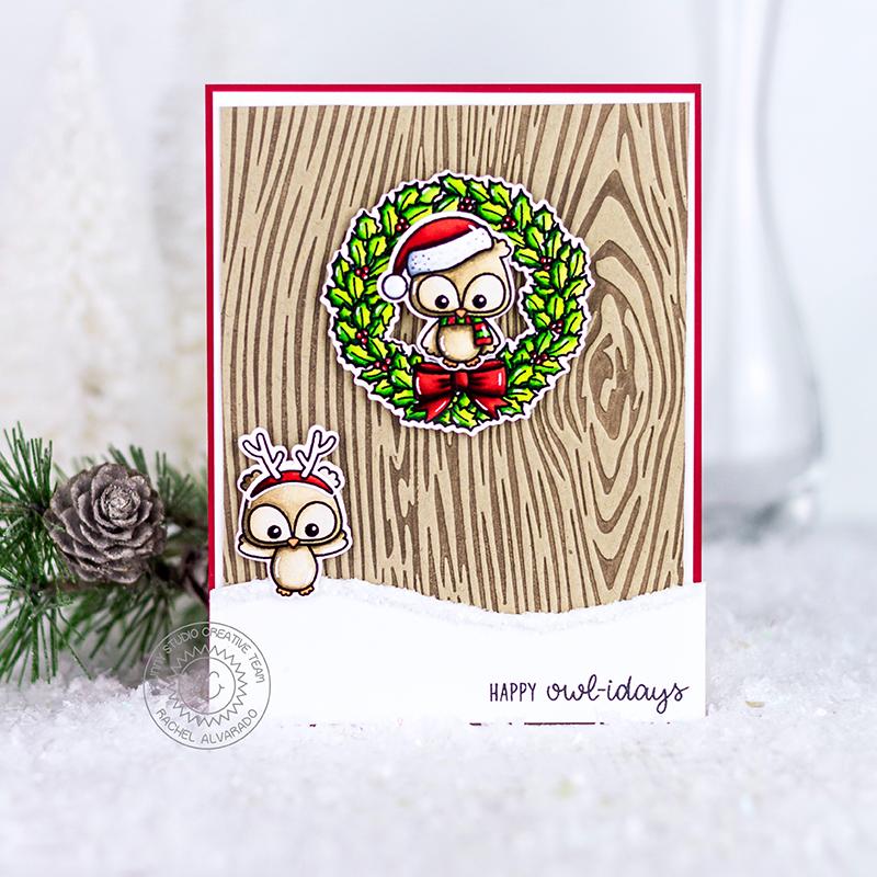 Sunny Studio Stamps Happy Owlidays Owl Wood Embossed Texture Holiday Christmas Card (using Woodgrain Embossing Folder)