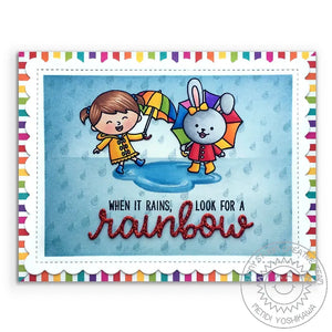 Sunny Studio When It Rains, Look For a Rainbow Girl & Bunny Holding Umbrellas Spring Card (using Rain Showers 2x3 Background Clear Stamps)