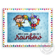 Sunny Studio Stamps When It Rains, Look For a Rainbow Girl & Bunny Holding Umbrellas Spring Card (using Rainbow Word Metal Cutting Die)