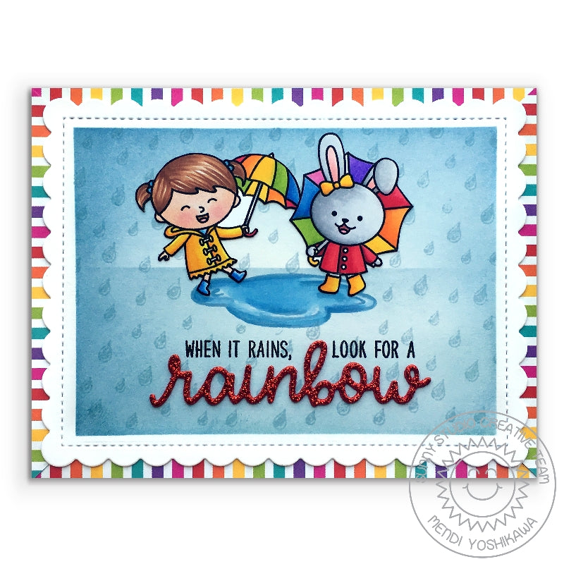 Sunny Studio Stamps When It Rains, Look For a Rainbow Girl & Bunny Holding Umbrellas Spring Card (using Rainbow Word Metal Cutting Die)