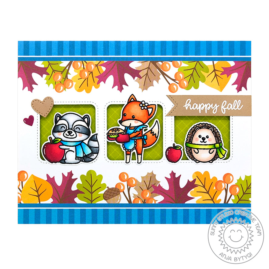 Sunny Studio Stamps Woodsy Happy Fall Leaves Critter Window Card (using Colorful Autumn 6x6 Paper)