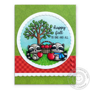 Sunny Studio Stamps Woodsy Autumn Happy Fall To One And All Raccoons with Apple Red Gingham & Green Leaves Handmade Card