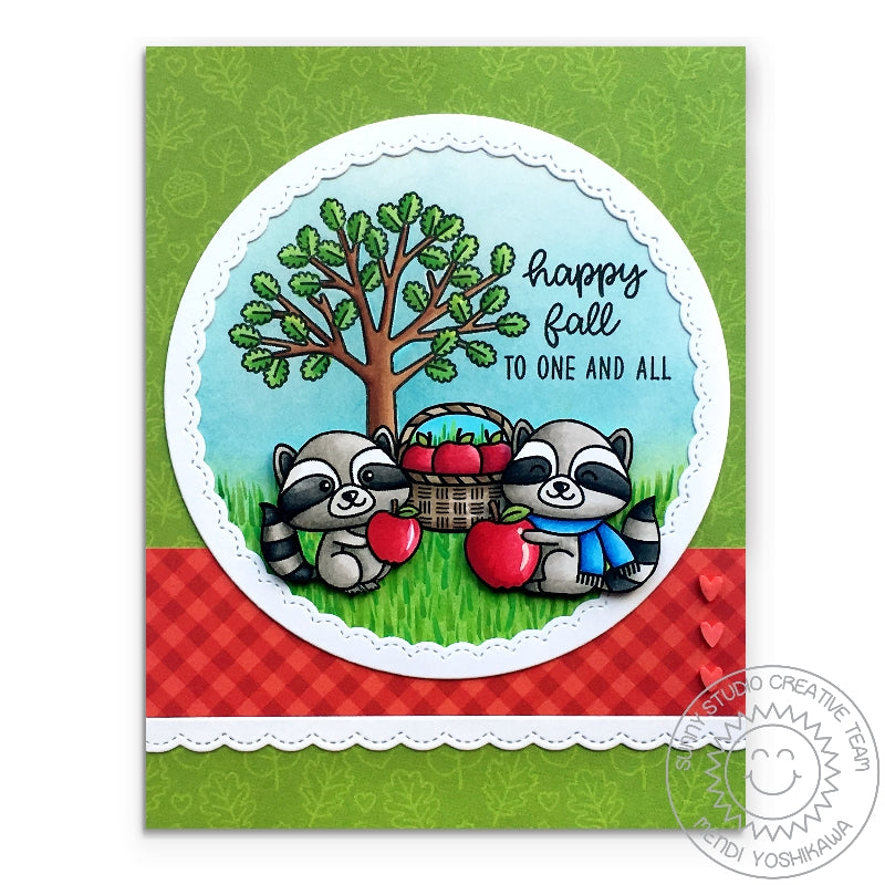 Sunny Studio Stamps Woodsy Autumn Raccoons with Apples Fall Card using Red Clay Hearts from Red & Pink Heart Confetti