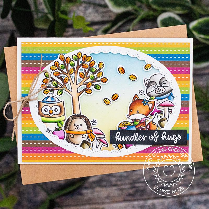 Sunny Studio Stamps Fall Critters with Tree Scene Rainbow Striped Card (using Colorful Autumn 6x6 Patterned Paper Pack)