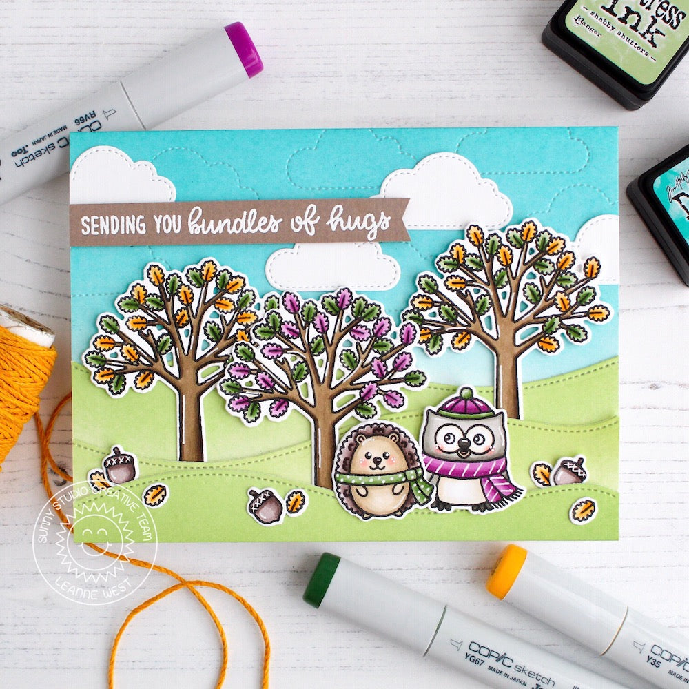 Sunny Studio Stamps Woodsy Autumn Fall Trees with Owl & Hedgehog Handmade Card by Leanne West 