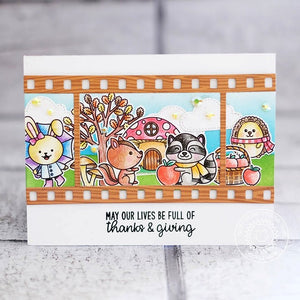 Sunny Studio Stamps Woodsy Autumn Fall Critters Bunny, Raccoon & Hedgehog Scene Card by Lexa Levana using Filmstrip Dies