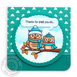 Sunny Studio Stamps Fall Leaves Owls with Hats & Scarfs on Tree Branch "Thanks For Owl You Do" Punny Card (using Stitched Fluffy Cloud Border Dies)