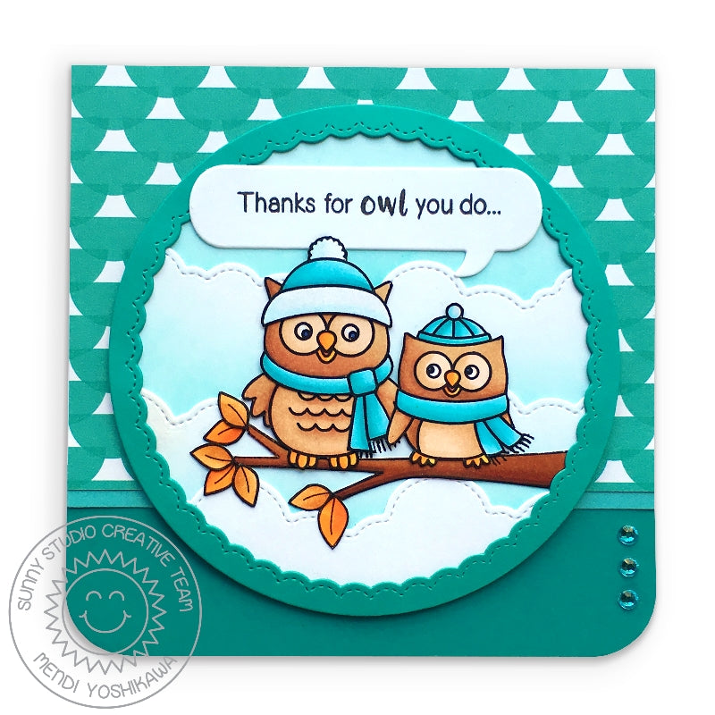 Sunny Studio Stamps Woodsy Autumn Turquoise Teal Fall Owls on Tree Branch "Thanks for owl you do" Punny Thank You Card