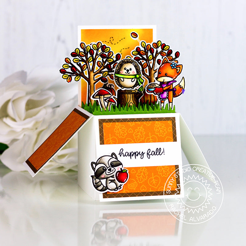 Sunny Studio Stamps Woodsy Autumn Happy Fall Fox, Hedgehog & Raccoon Pop-up Box Interactive Card by Rachel
