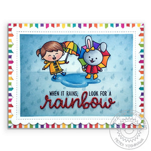 Sunny Studio Stamps Woodsy Autumn & Fall Kiddos Girl & Bunny with Umbrellas "When it Rains Look For a Rainbow" Handmade Card