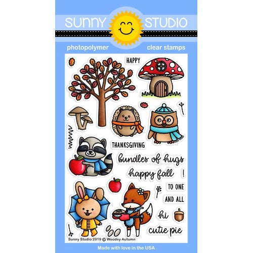 Sunny Studio Woodsy Autumn Fall Tree, Mushroom Toadstool House, Owl, Hedgehog, Raccoon, Fox & Bunny With Umbrella 4x6 Clear Photopolymer Stamp Set