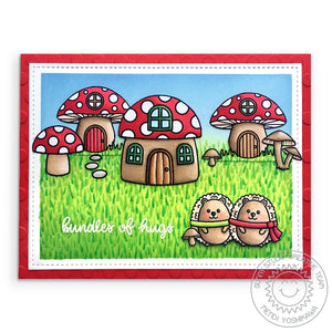 Sunny Studio Stamps Woodsy Autumn Red & White Toadstool Mushroom House with Hedgehogs wearing scarves "Bundles of Hugs" Card