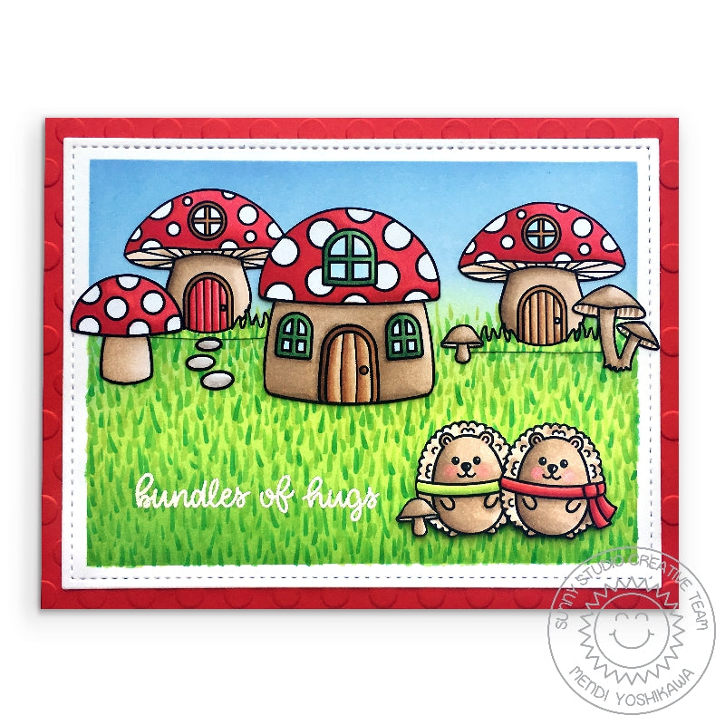 Sunny Studio Stamps Bundles of Hugs Hedgehogs with Toadstool Mushroom Houses Handmade Card featuring Lots of Dots Polka-dot 6x6 Embossing Folder