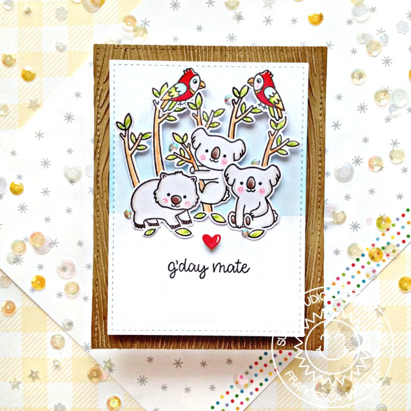 Sunny Studio G'Day Mate Koalas in Trees with Parrots Wood Embossed Card (using Outback Critters 4x6 Clear Stamps)