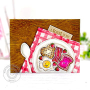 Sunny Studio Stamps A Toast To You Red Gingham Bacon, Eggs, Waffle & Toast Embossed Card (using Woodgrain 6x6 Embossing Folder)