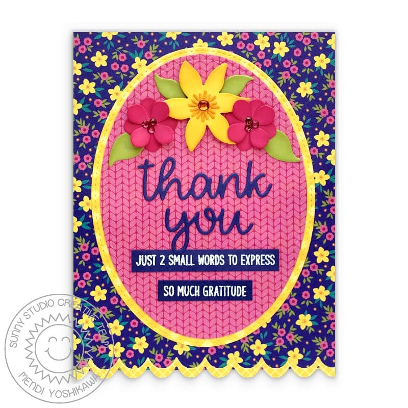 Sunny Studio Stamps Blue Floral Flower Cable Knit Oval Thank You Card (using scalloped Icing Border Dies)