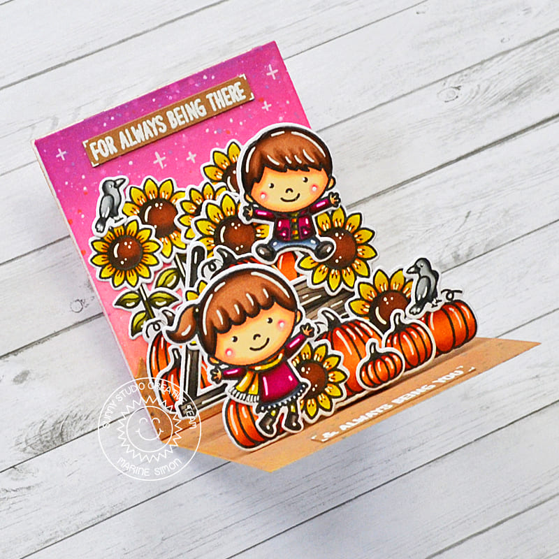 Sunny Studio Thanks For Always Being There Kids with Pumpkins & Sunflowers Pop-up Card (using Words of Gratitude 4x6 Clear Stamps)
