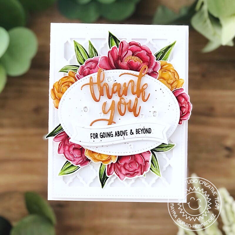 Sunny Studio Thank You For Going Above & Beyond Floral Peony Flowers Card (using Words of Gratitude 4x6 Clear Sentiment Stamps)