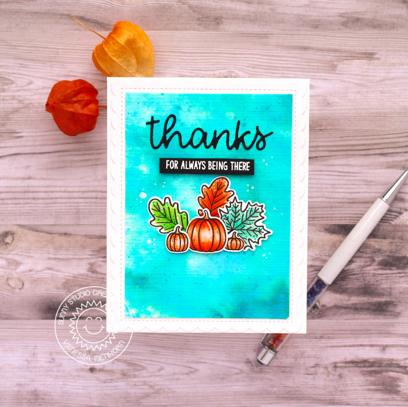 Sunny Studio Thanks For Always Being There Pumpkins & Fall Leaves Card (using Words of Gratitude 4x6 Clear Sentiment Stamps)