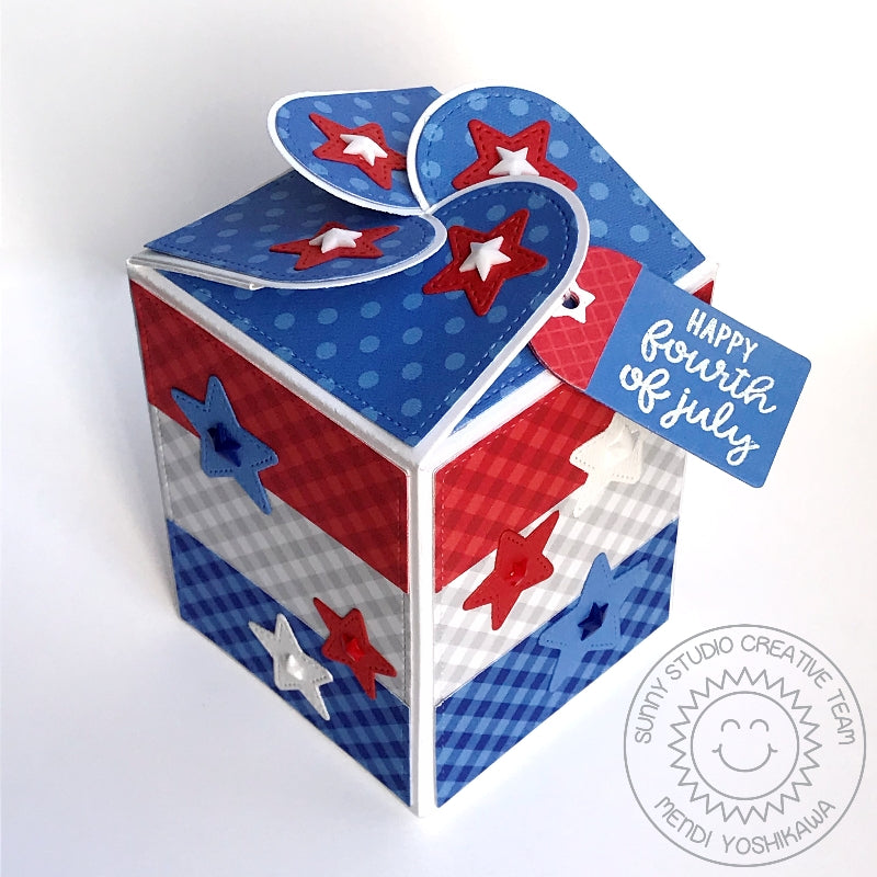 Sunny Studio Stamps Fourth of July Red, White & Blue Patriotic Stars and Stripes Gingham treat box (using Wrap Around Gift Box dies)