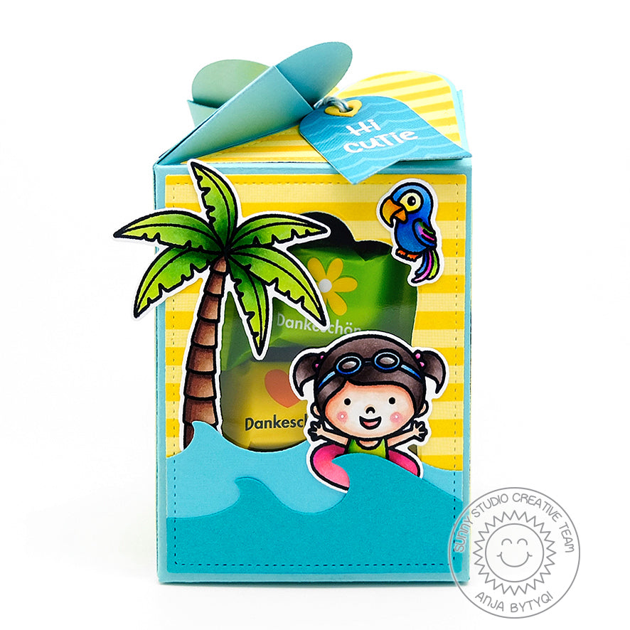 Sunny Studio Wrap Around Beach Themed Treat Box with Window (using palm tree from Sending Sunshine Stamps)