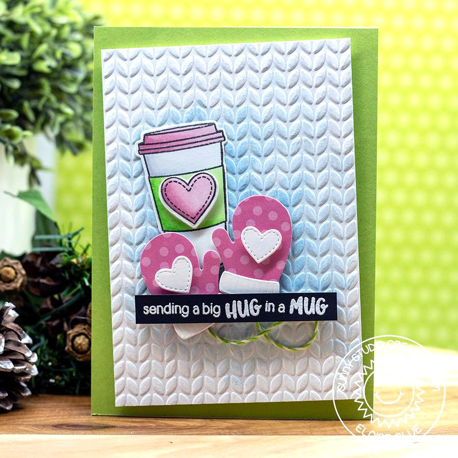 Sunny Studio Stamps Sending A Big Hug In A Mug Coffee Cup & Mittens Embossed Holiday Christmas Card (using Warm & Cozy Dies)