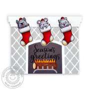 Sunny Studio critters in Christmas stockings hanging from the fireplace Holiday Card, featuring the Festive Greeting Stamps.