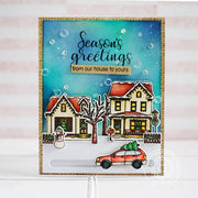 Sunny Studio Stamps Festive Season's Greetings From Our House To Yours neighborhood scene Christmas card.