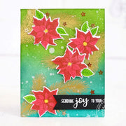Sunny Studio Stamps Festive Greetings Sending Joy To You Poinsettia Christmas Card with blue & green watercolor background.
