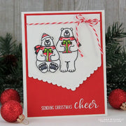 Sunny Studio Stamps Festive Greetings polar bears holding gifts holiday card with the sentiment "Sending Christmas Cheer."