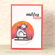 Sunny Studio Stamps Festive Greetings polar bear on sled clean & simple coral Christmas card.