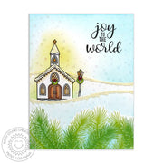Sunny Studio Stamps Festive Greetings Joy To the World snowy church chapel Christmas holiday card.