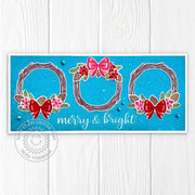 Sunny Studio rustic holiday poinsettia, pinecones & vine wreaths slimline Christmas card with merry & bright stamped greeting.