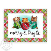 Sunny Studio cats & dogs with large holiday ornaments Merry & Bright Christmas card using Festive Greetings sentiment stamps.
